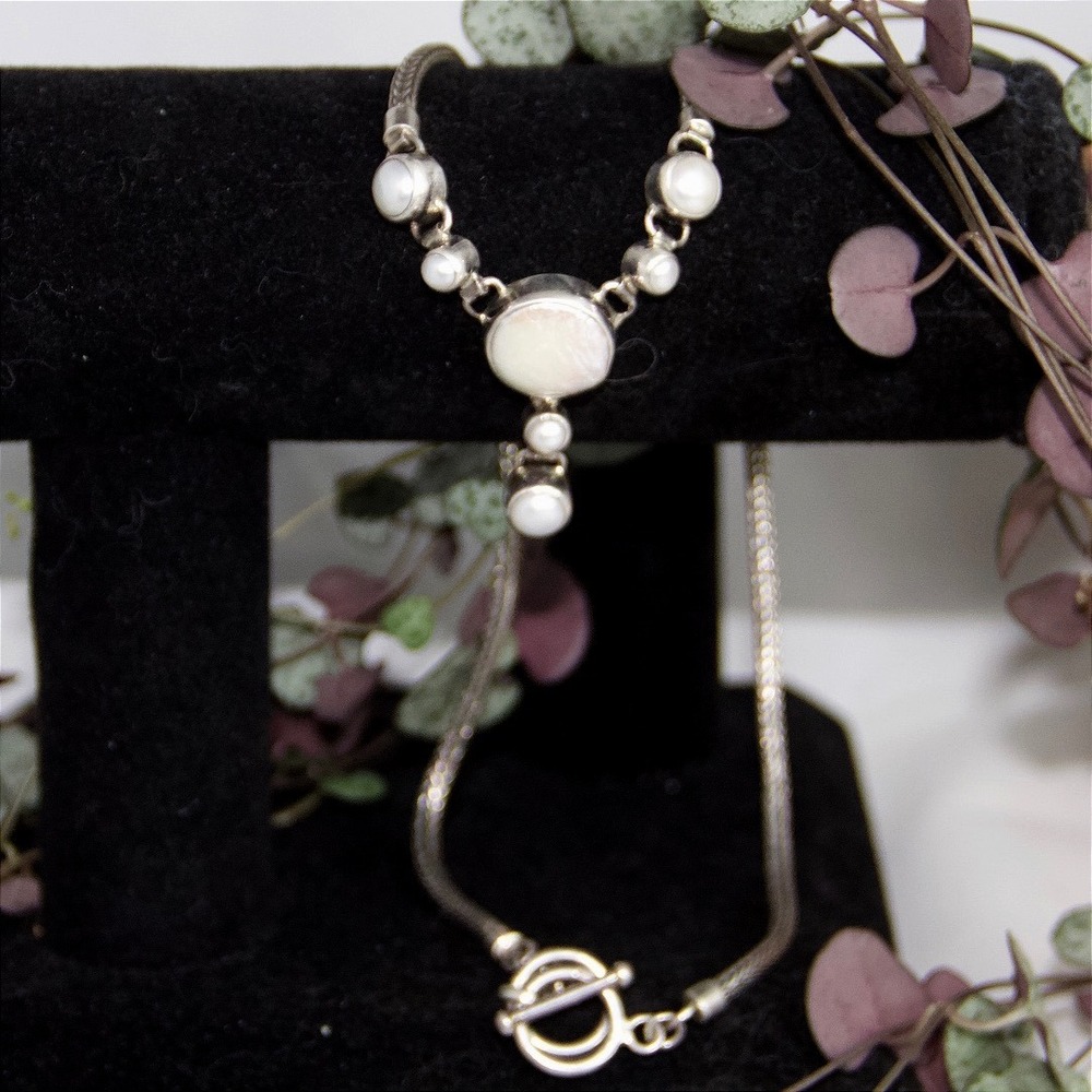 Vintage‎ Sterling Silver Mother of Pearl Wheat Chain Y-Necklace Toggle Clasp 925